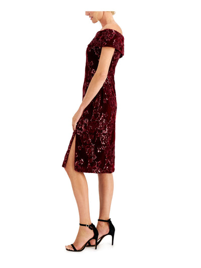 ADRIANNA PAPELL Womens Burgundy Stretch Embellished Zippered Lined Short Sleeve Off Shoulder Knee Length Evening Sheath Dress 4