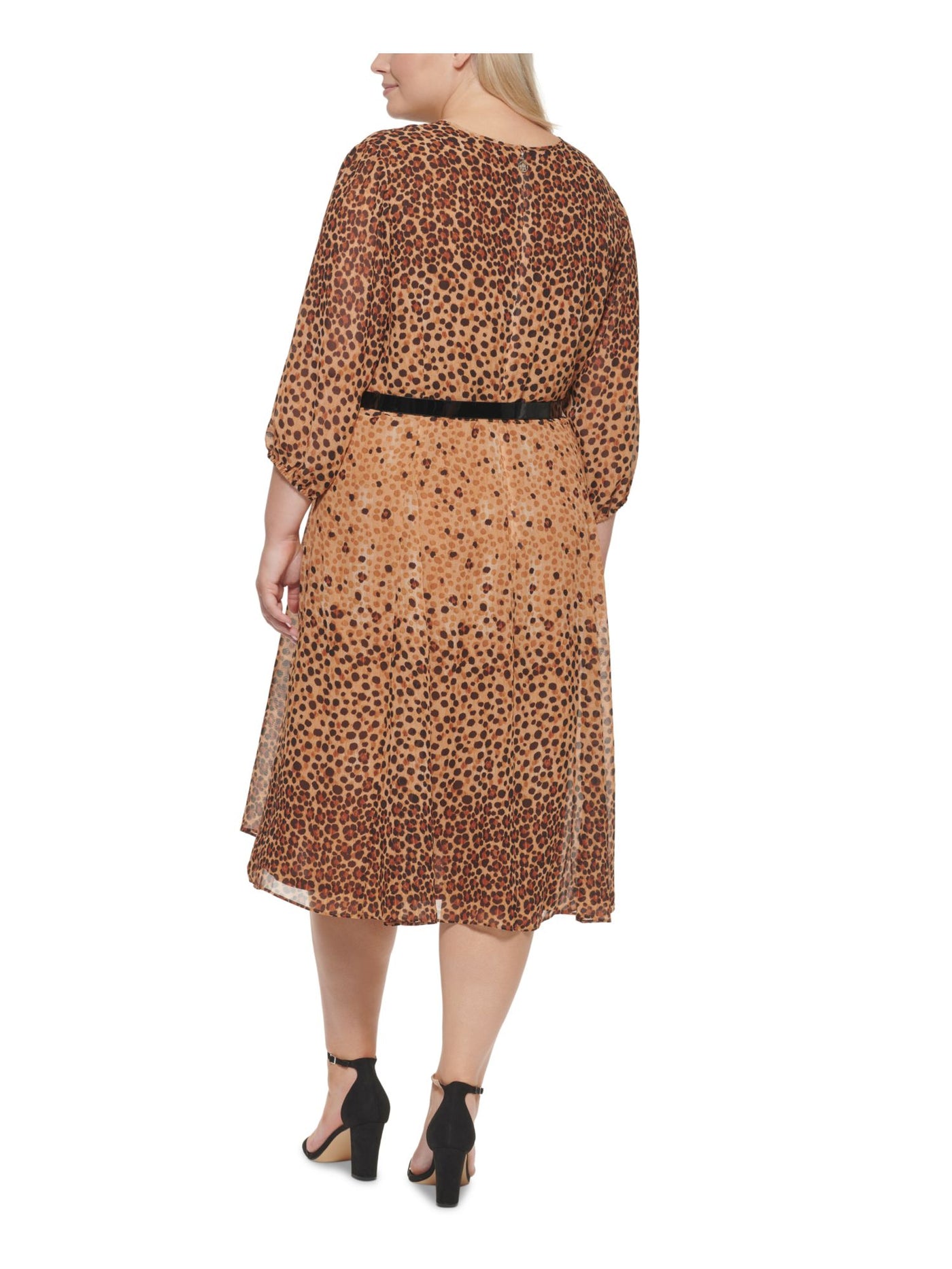 TOMMY HILFIGER Womens Brown Zippered Belted Chiffon Lined Animal Print 3/4 Sleeve Keyhole Midi Wear To Work Fit + Flare Dress Plus 22W