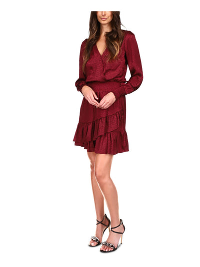 MICHAEL KORS Womens Burgundy Smocked Ruffled Cuffed Pull-on Style Long Sleeve V Neck Above The Knee Cocktail Faux Wrap Dress S