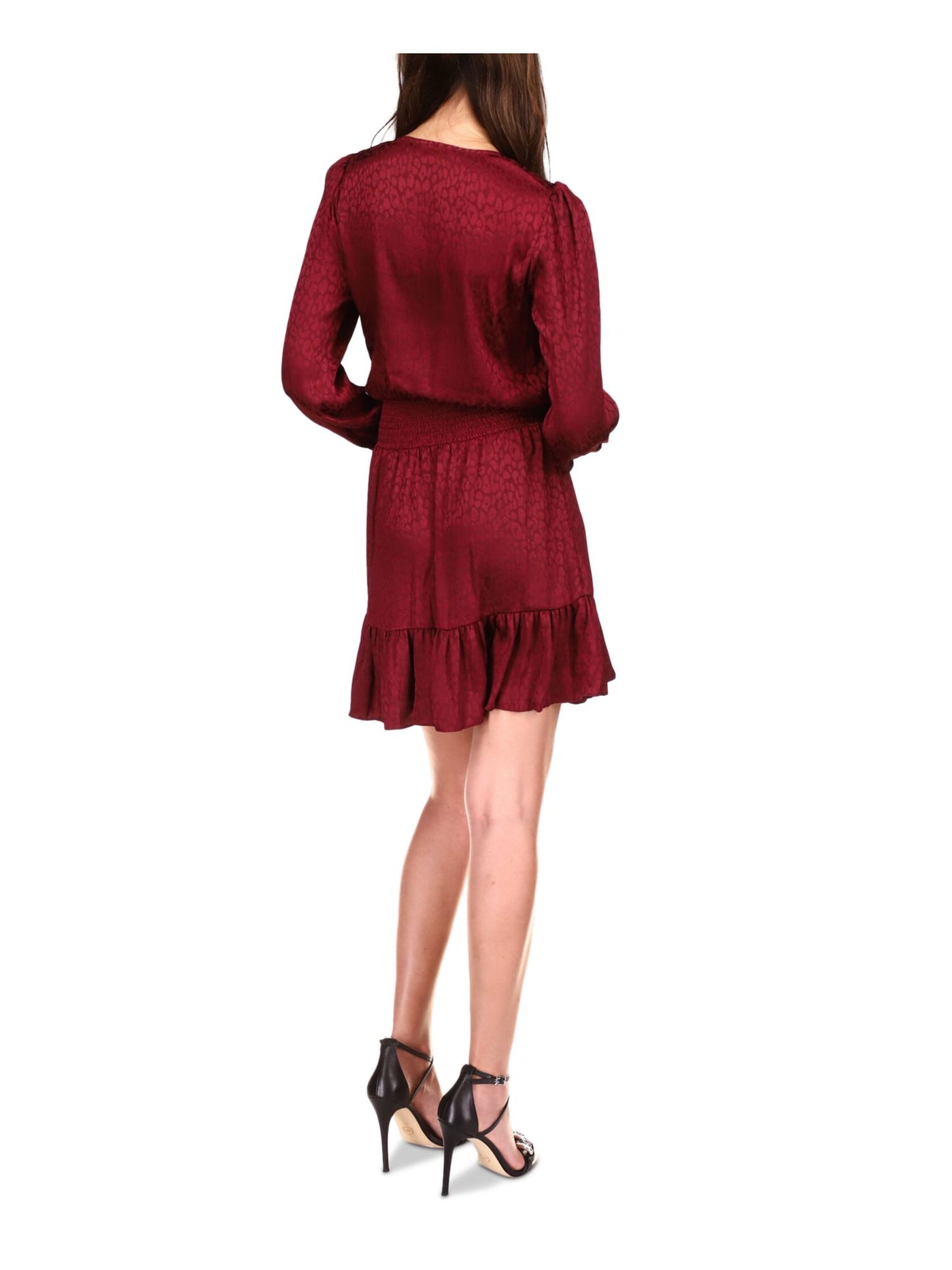 MICHAEL KORS Womens Burgundy Smocked Ruffled Cuffed Pull-on Style Long Sleeve V Neck Above The Knee Cocktail Faux Wrap Dress S