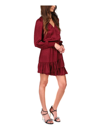 MICHAEL MICHAEL KORS Womens Maroon Smocked Ruffled Cuffed Pull-on Style Long Sleeve V Neck Above The Knee Cocktail Faux Wrap Dress XXS