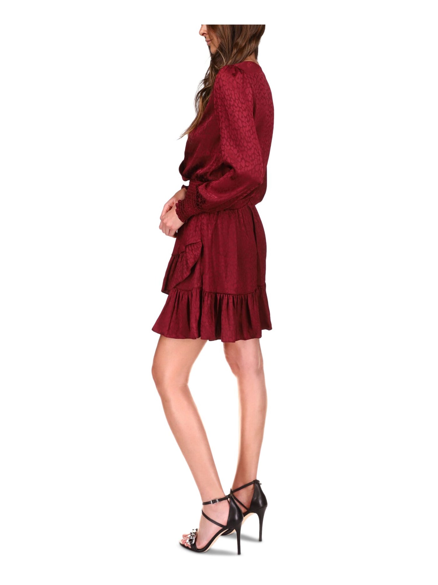 MICHAEL MICHAEL KORS Womens Maroon Smocked Ruffled Cuffed Pull-on Style Long Sleeve V Neck Above The Knee Cocktail Faux Wrap Dress XS