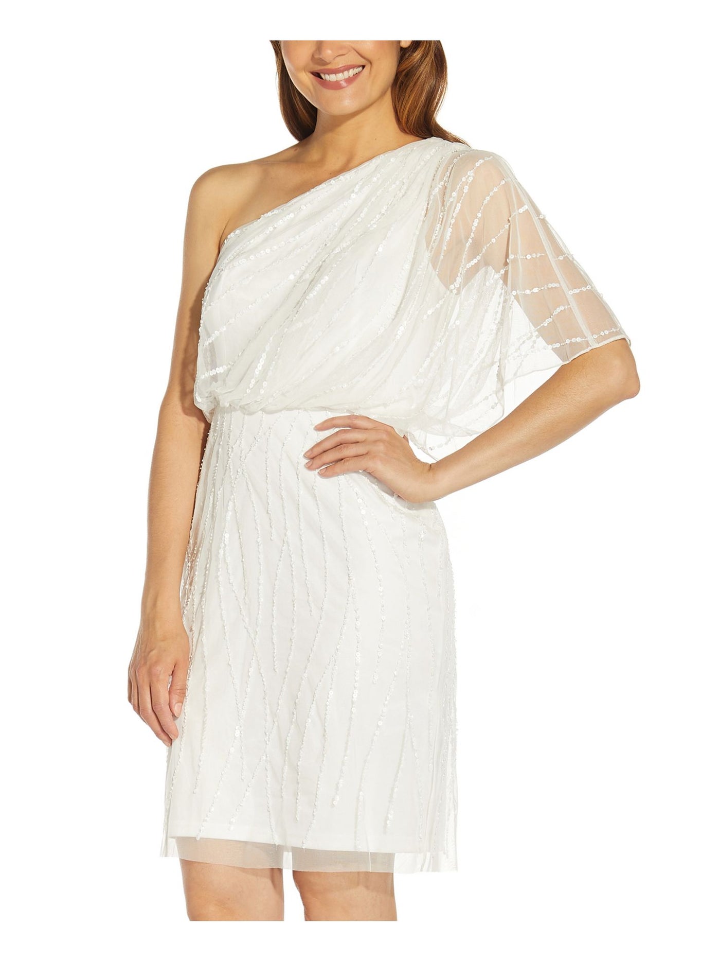 ADRIANNA PAPELL Womens Sequined Textured Sheer Lined Short Sleeve Asymmetrical Neckline Above The Knee Cocktail Blouson Dress