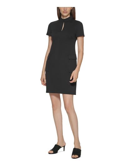 CALVIN KLEIN Womens Black Pocketed Zippered Keyhole Front Darted Unlined Short Sleeve Mock Neck Above The Knee Evening Sheath Dress 6