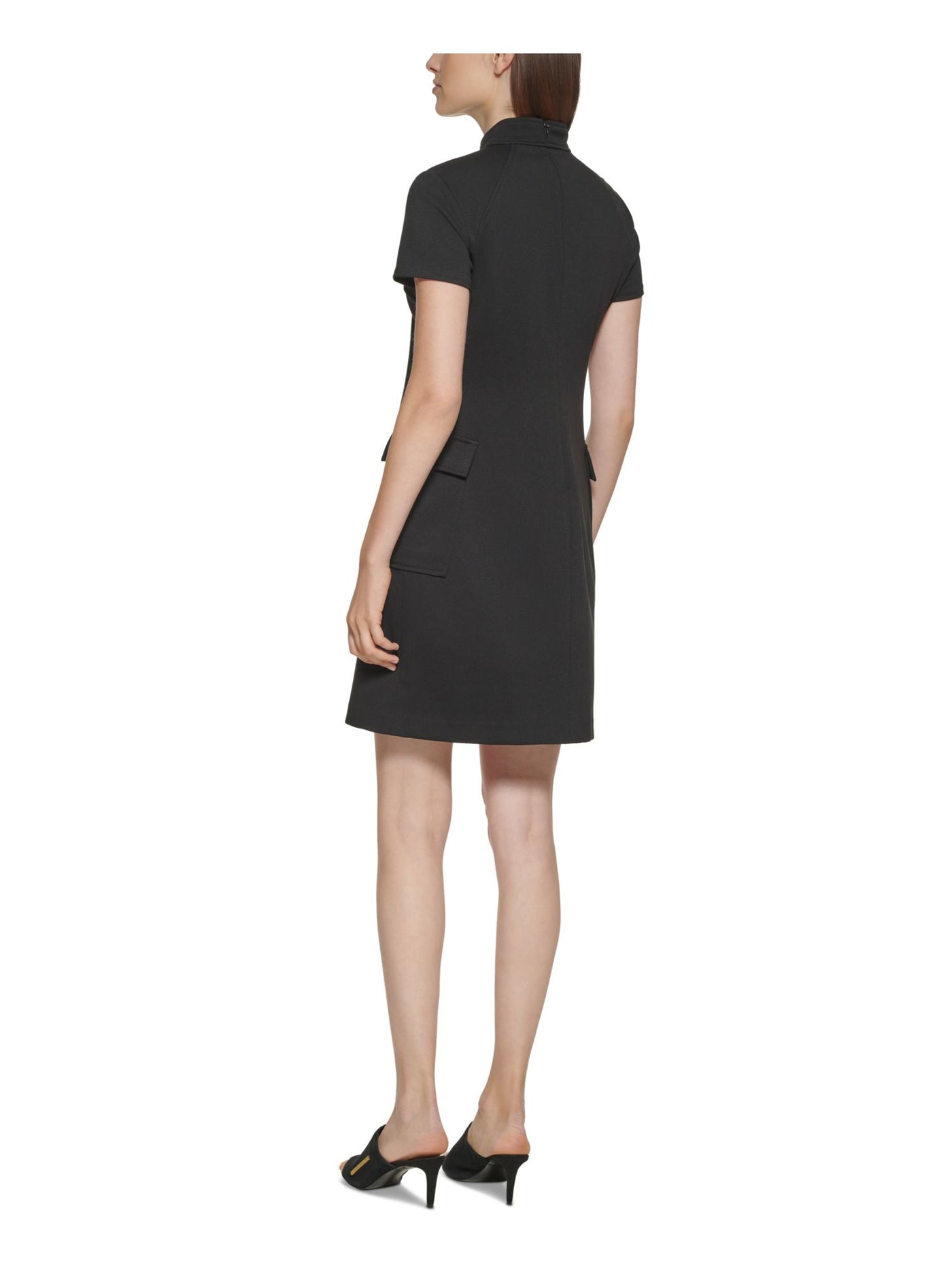 CALVIN KLEIN Womens Black Pocketed Zippered Keyhole Front Darted Unlined Short Sleeve Mock Neck Above The Knee Evening Sheath Dress 2