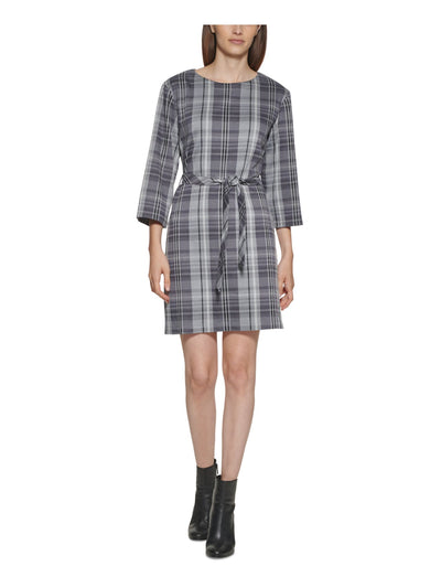 CALVIN KLEIN Womens Gray Tie Unlined Plaid 3/4 Sleeve Round Neck Above The Knee Wear To Work Shift Dress 14