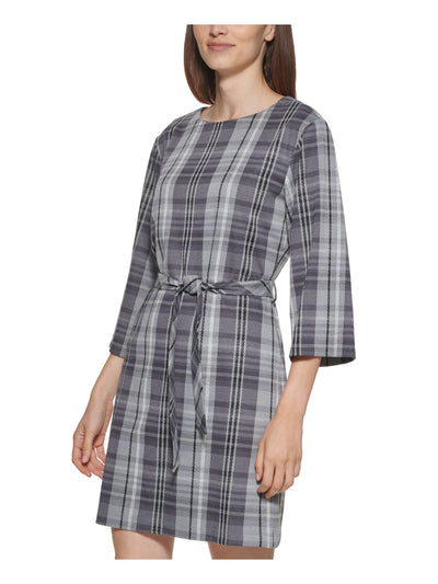 CALVIN KLEIN Womens Gray Tie Unlined Plaid 3/4 Sleeve Round Neck Above The Knee Wear To Work Shift Dress 14
