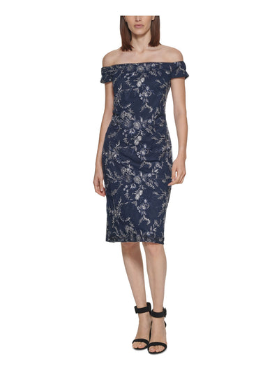 CALVIN KLEIN Womens Navy Embroidered Zippered Lace Sheer Lined Floral Cap Sleeve Off Shoulder Knee Length Cocktail Sheath Dress 10