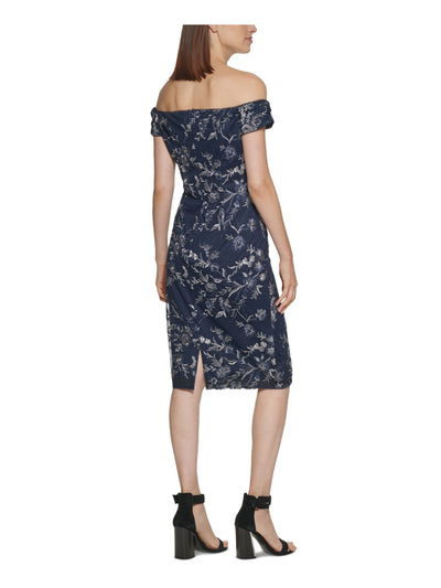 CALVIN KLEIN Womens Navy Embroidered Zippered Lace Sheer Lined Floral Cap Sleeve Off Shoulder Knee Length Cocktail Sheath Dress 10