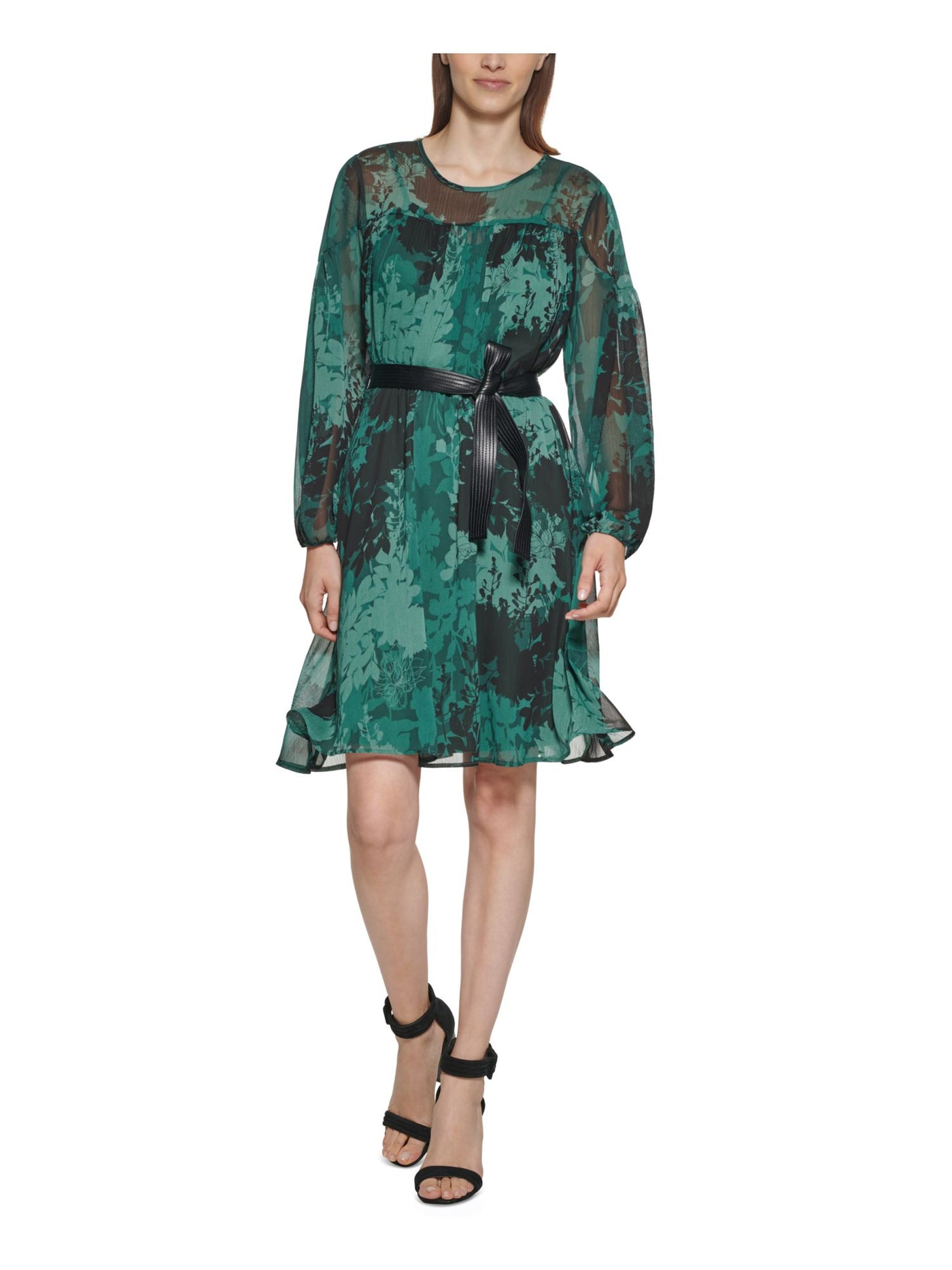 CALVIN KLEIN Womens Green Sheer Button Keyhole Closure Floral Long Sleeve Round Neck Above The Knee Cocktail A-Line Dress 6
