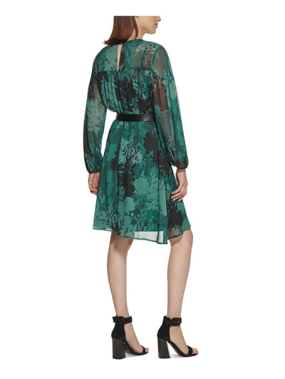 CALVIN KLEIN Womens Green Sheer Button Keyhole Closure Floral Long Sleeve Round Neck Above The Knee Cocktail A-Line Dress 6