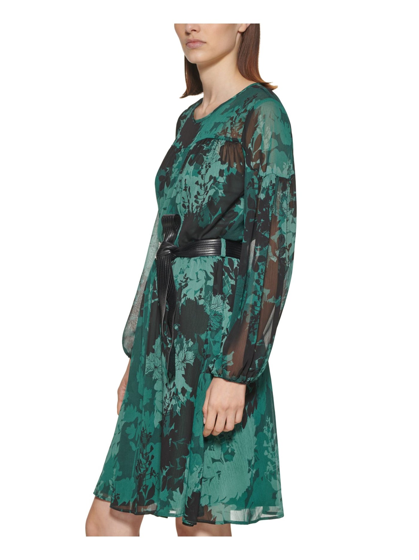 CALVIN KLEIN Womens Green Sheer Button Keyhole Closure Floral Long Sleeve Round Neck Above The Knee Cocktail A-Line Dress 14