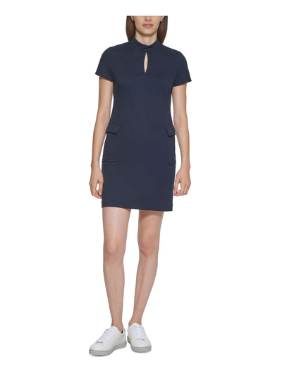 CALVIN KLEIN Womens Blue Zippered Pocketed Keyhole Front Short Sleeve Mock Neck Short A-Line Dress Petites 8P