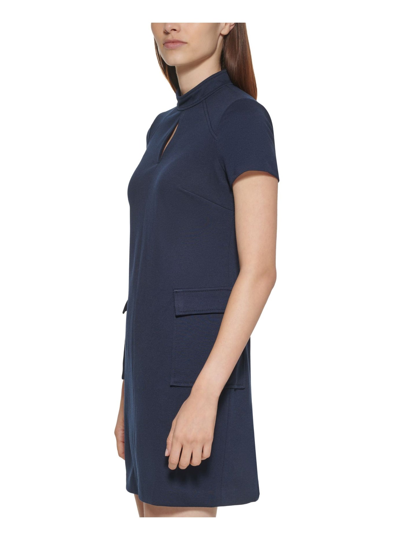 CALVIN KLEIN Womens Blue Zippered Pocketed Keyhole Front Short Sleeve Mock Neck Short A-Line Dress Petites 8P