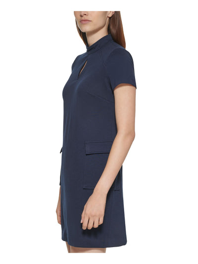 CALVIN KLEIN Womens Blue Zippered Pocketed Keyhole Front Short Sleeve Mock Neck Short A-Line Dress Petites 8P