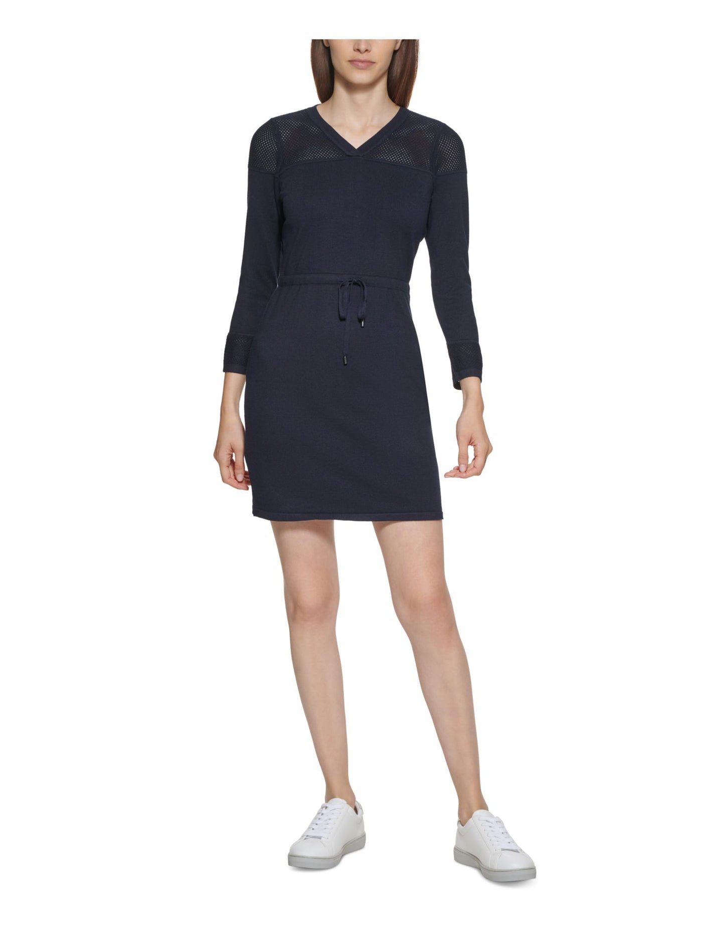 CALVIN KLEIN Womens Navy Stretch Ribbed Tie Pointelle-trim 3/4 Sleeve V Neck Short Sweater Dress Petites PS