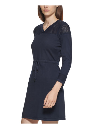 CALVIN KLEIN Womens Navy Tie Long Sleeve V Neck Above The Knee Party Shift Dress Petites PL