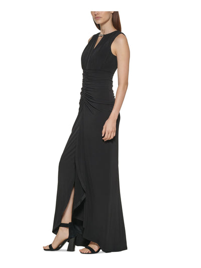 CALVIN KLEIN Womens Black Embellished Zippered Ruched Front Tulip Front Hem Sleeveless Keyhole Full-Length Formal Gown Dress 10