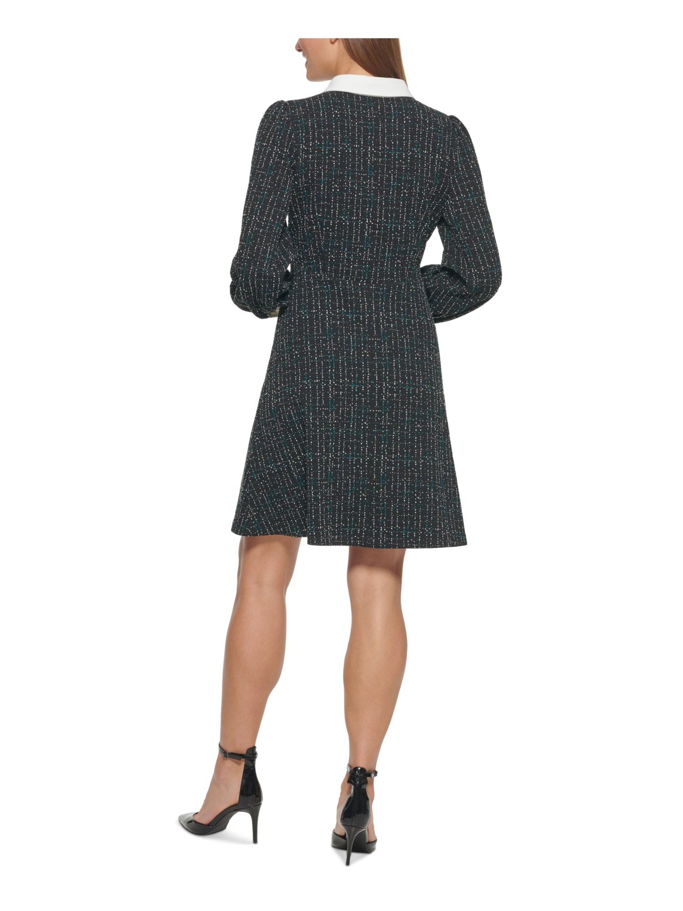 DKNY Womens Stretch Textured Cuffed Sleeve Collared Short Wear To Work Fit + Flare Dress