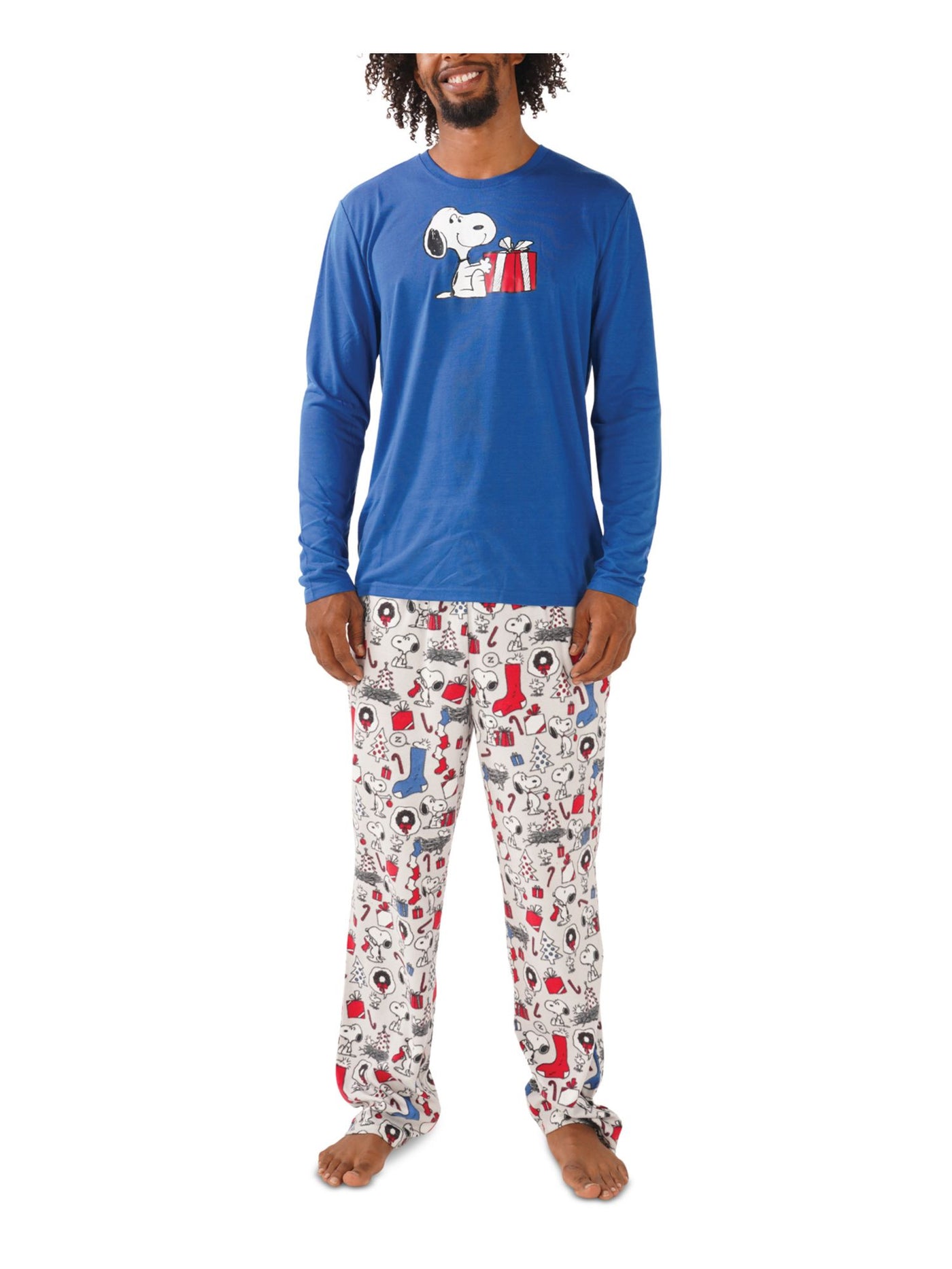 MUNKI MUNKI Mens Blue Graphic Top Elastic Band Long Sleeve Straight leg Pants Fleece Pajamas L