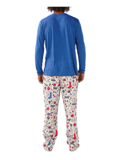 HYBRID APPAREL Mens Blue Graphic Elastic Band Long Sleeve T-Shirt Top Straight leg Pants Fleece Pajamas XL