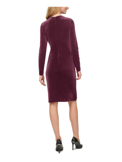 CALVIN KLEIN Womens Purple Zippered Gathered Hardware At Side Waist Unlined Long Sleeve V Neck Above The Knee Evening Sheath Dress 6