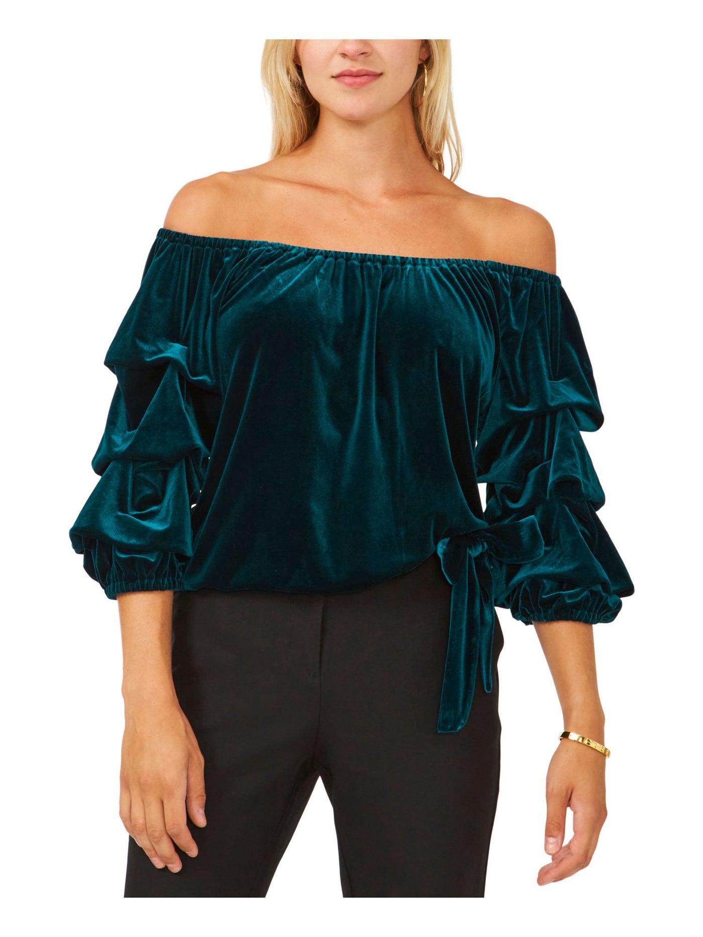 MSK Womens Green Stretch Ruched Bow 3/4 Sleeve Off Shoulder Party Top Petites PXL