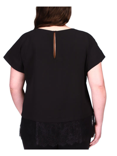 MICHAEL KORS Womens Black Scalloped Keyhole Back Lace Hem Short Sleeve Scoop Neck Wear To Work Top Plus 0X