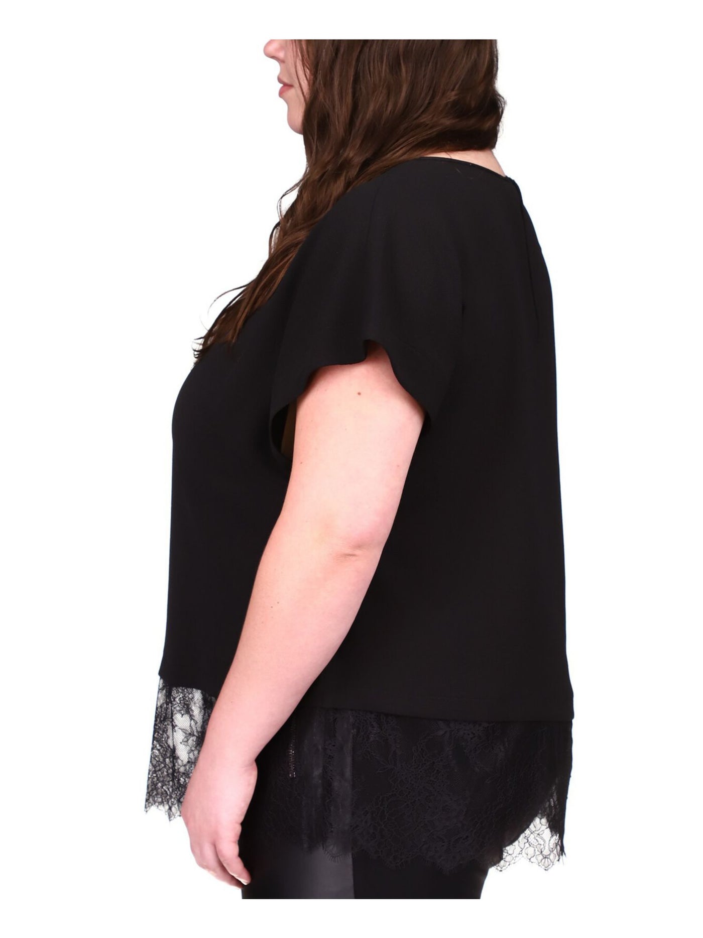 MICHAEL KORS Womens Black Scalloped Keyhole Back Lace Hem Short Sleeve Scoop Neck Wear To Work Top Plus 0X