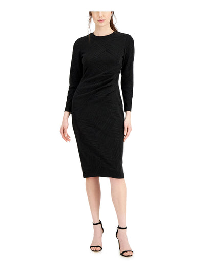 ANNE KLEIN Womens Black Textured Metallic Lined Pullover Long Sleeve Round Neck Below The Knee Wear To Work Body Con Dress 10