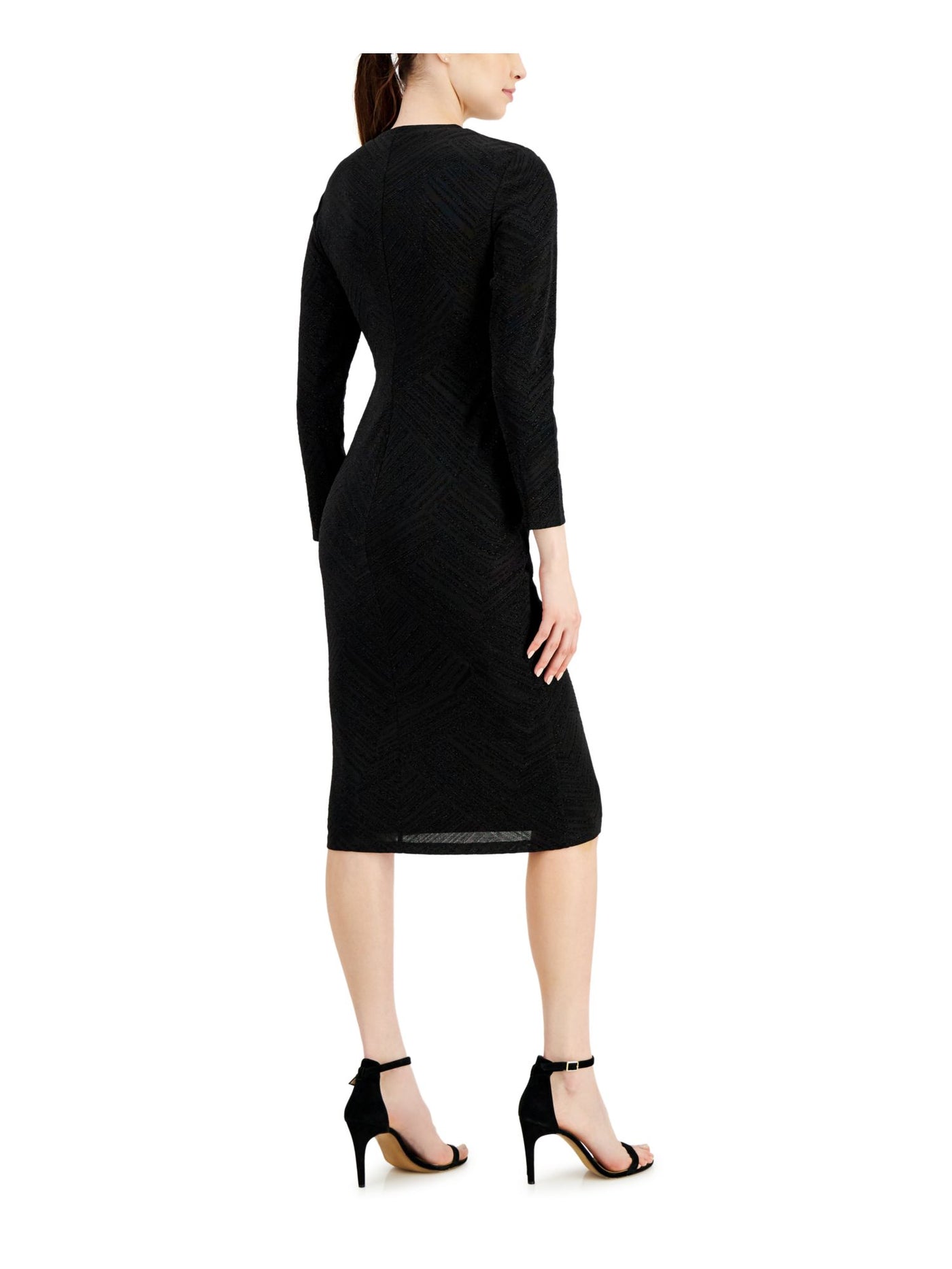 ANNE KLEIN Womens Black Textured Metallic Lined Pullover Long Sleeve Round Neck Below The Knee Wear To Work Body Con Dress 10