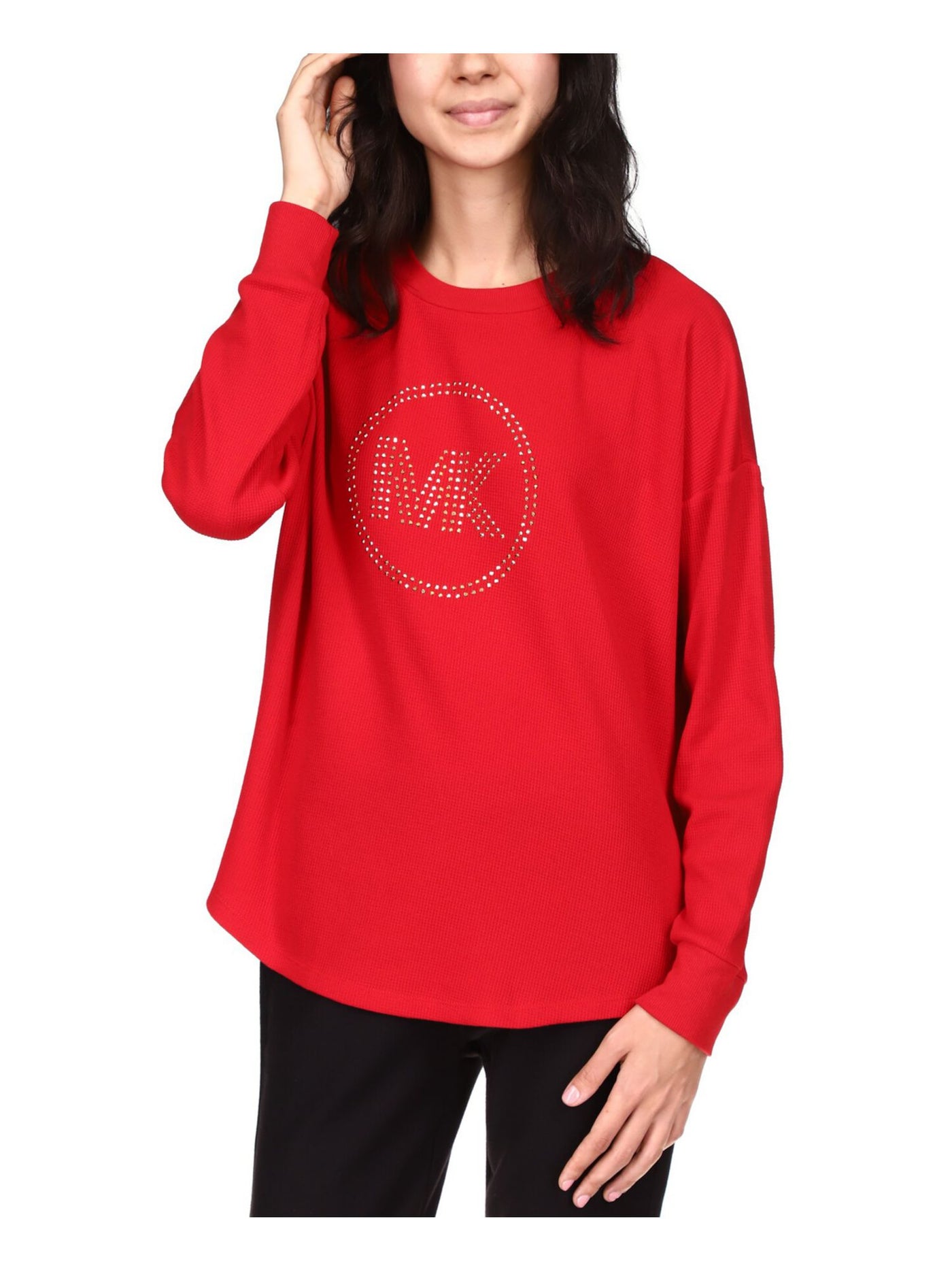 MICHAEL MICHAEL KORS Womens Red Rhinestone Logo Graphic Long Sleeve Crew Neck Top Petites P\XL