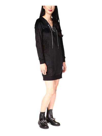 MICHAEL MICHAEL KORS Womens Black Unlined Lace Up Detail Pullover Long Sleeve V Neck Above The Knee Sweater Dress P\XS