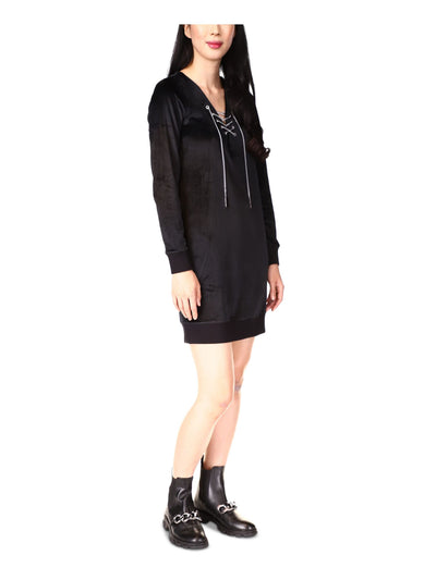 MICHAEL MICHAEL KORS Womens Black Unlined Lace Up Detail Pullover Long Sleeve V Neck Above The Knee Sweater Dress P\M