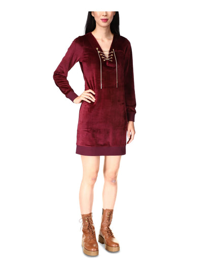 MICHAEL MICHAEL KORS Womens Burgundy Unlined Long Sleeve V Neck Above The Knee Tunic Dress S