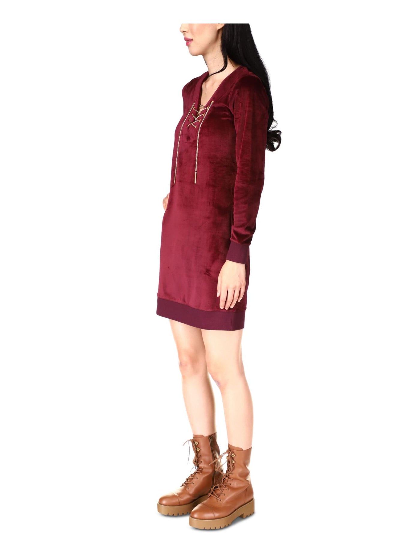 MICHAEL MICHAEL KORS Womens Burgundy Unlined Long Sleeve V Neck Above The Knee Tunic Dress XL