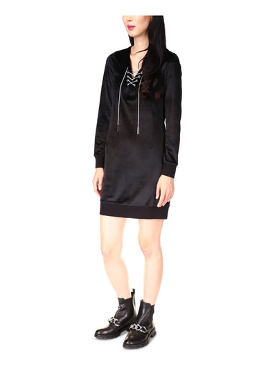 MICHAEL MICHAEL KORS Womens Black Unlined Lace Up Detail Pullover Long Sleeve V Neck Above The Knee Sweater Dress P\M