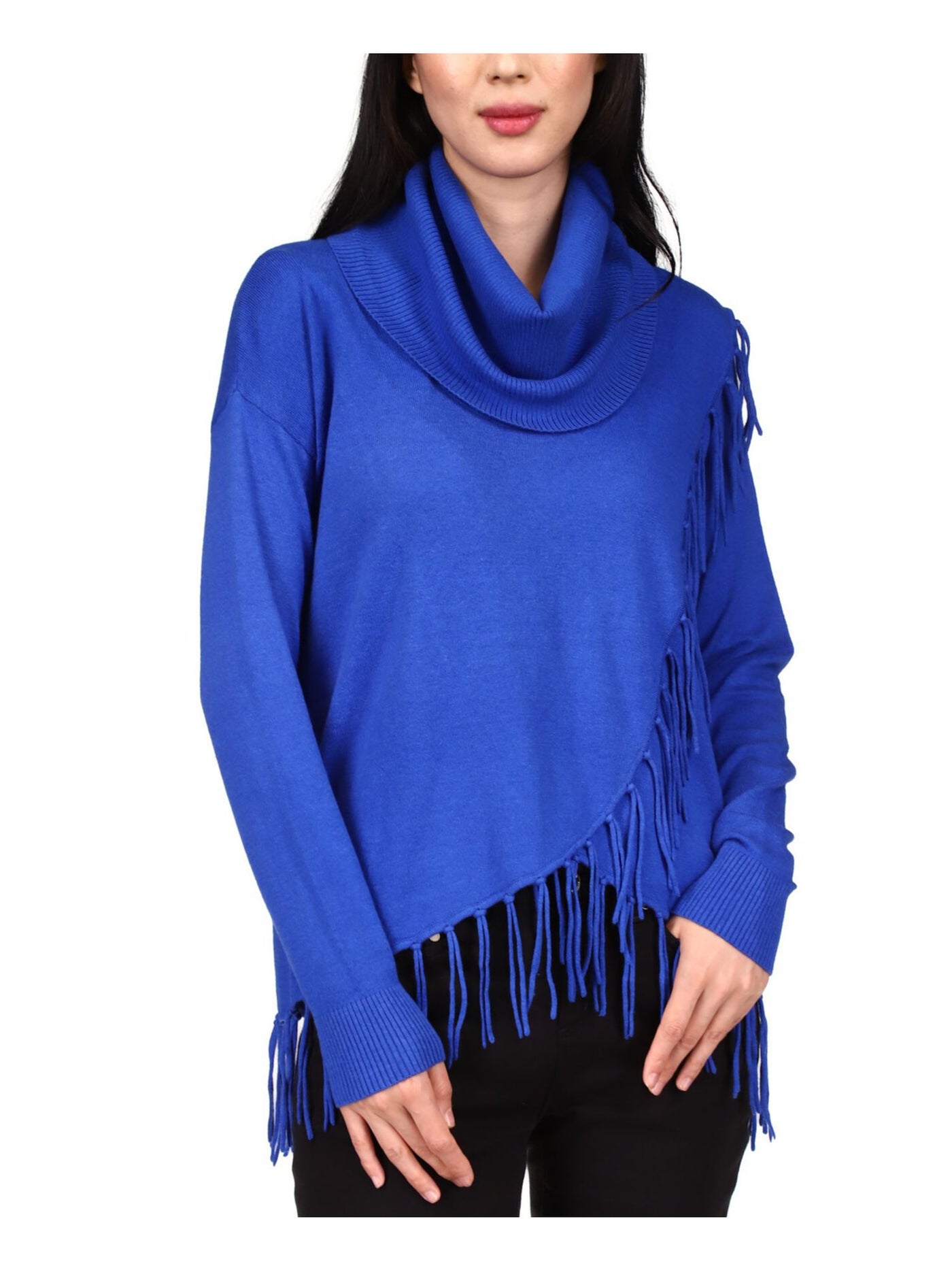 MICHAEL MICHAEL KORS Womens Blue Fringed Ribbed Wrap Front Long Sleeve Cowl Neck Sweater XS