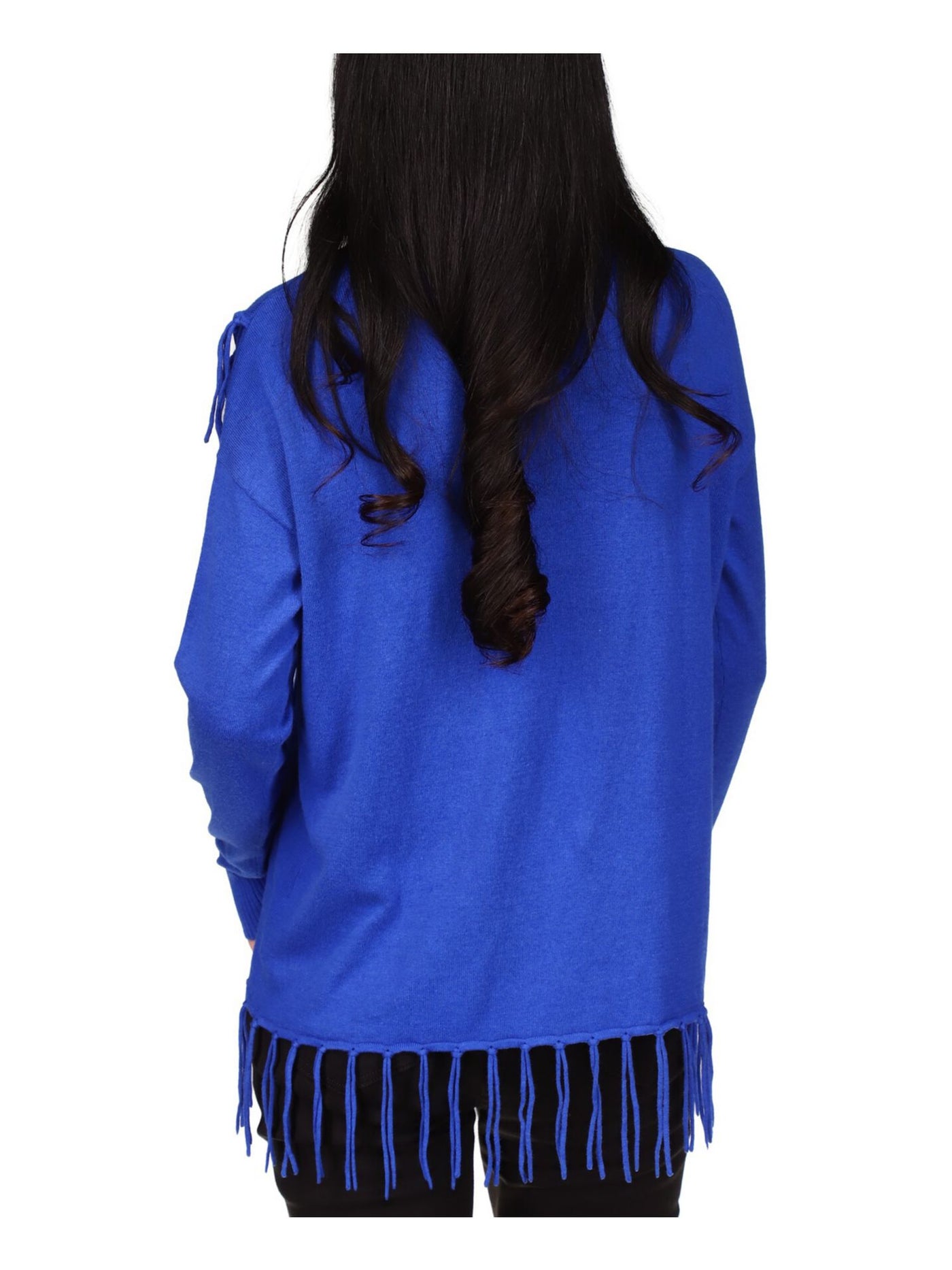 MICHAEL KORS Womens Blue Fringed Ribbed Long Sleeve Cowl Neck Wrap Sweater Petites P\M