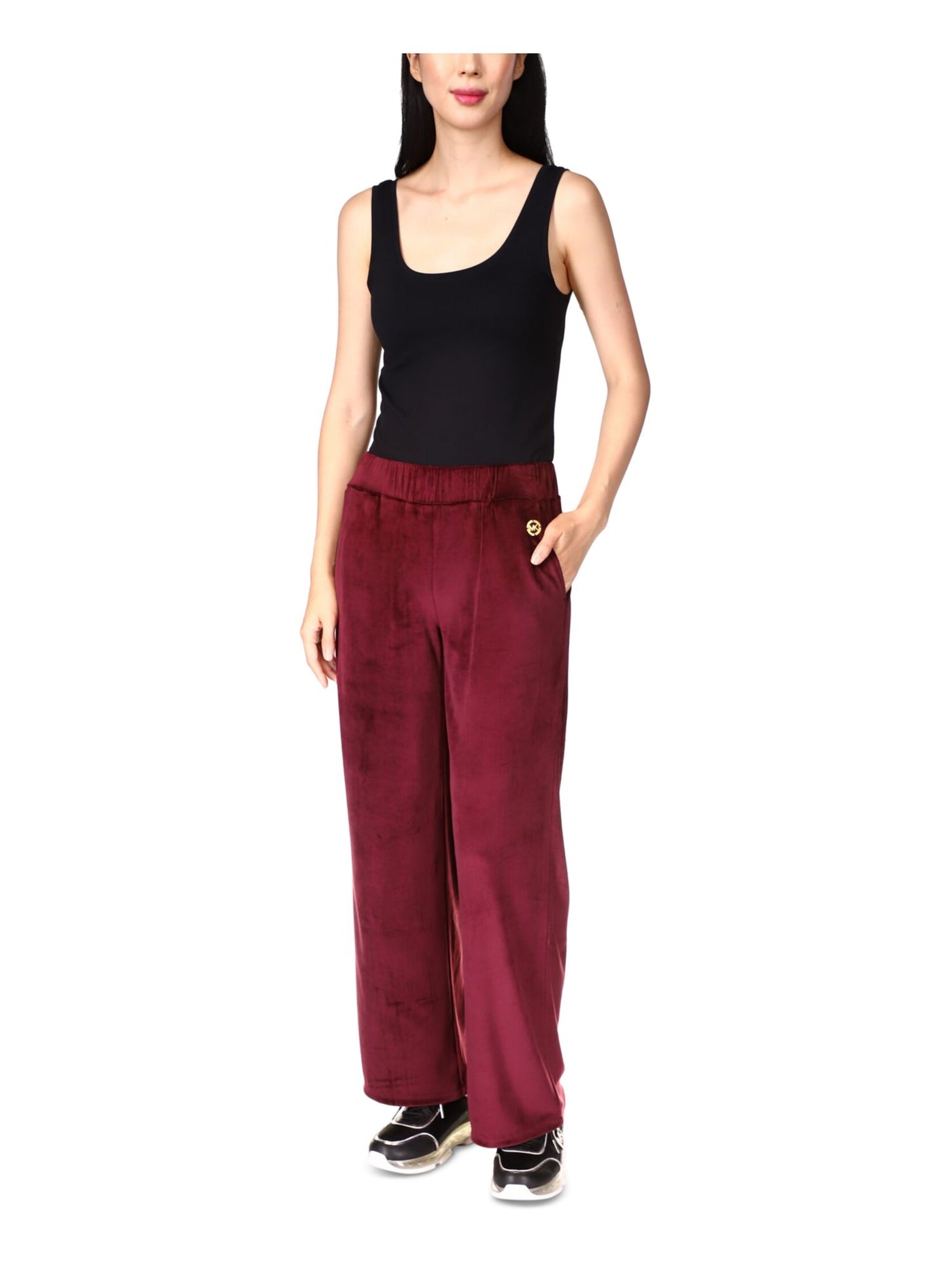 MICHAEL MICHAEL KORS Womens Burgundy Pocketed Pull-on Metallic Logo Velour Straight leg Pants L