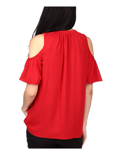 MICHAEL MICHAEL KORS Womens Red Textured Cold Shoulder Pullover Sheer Unlined Flutter Sleeve Split Blouse M