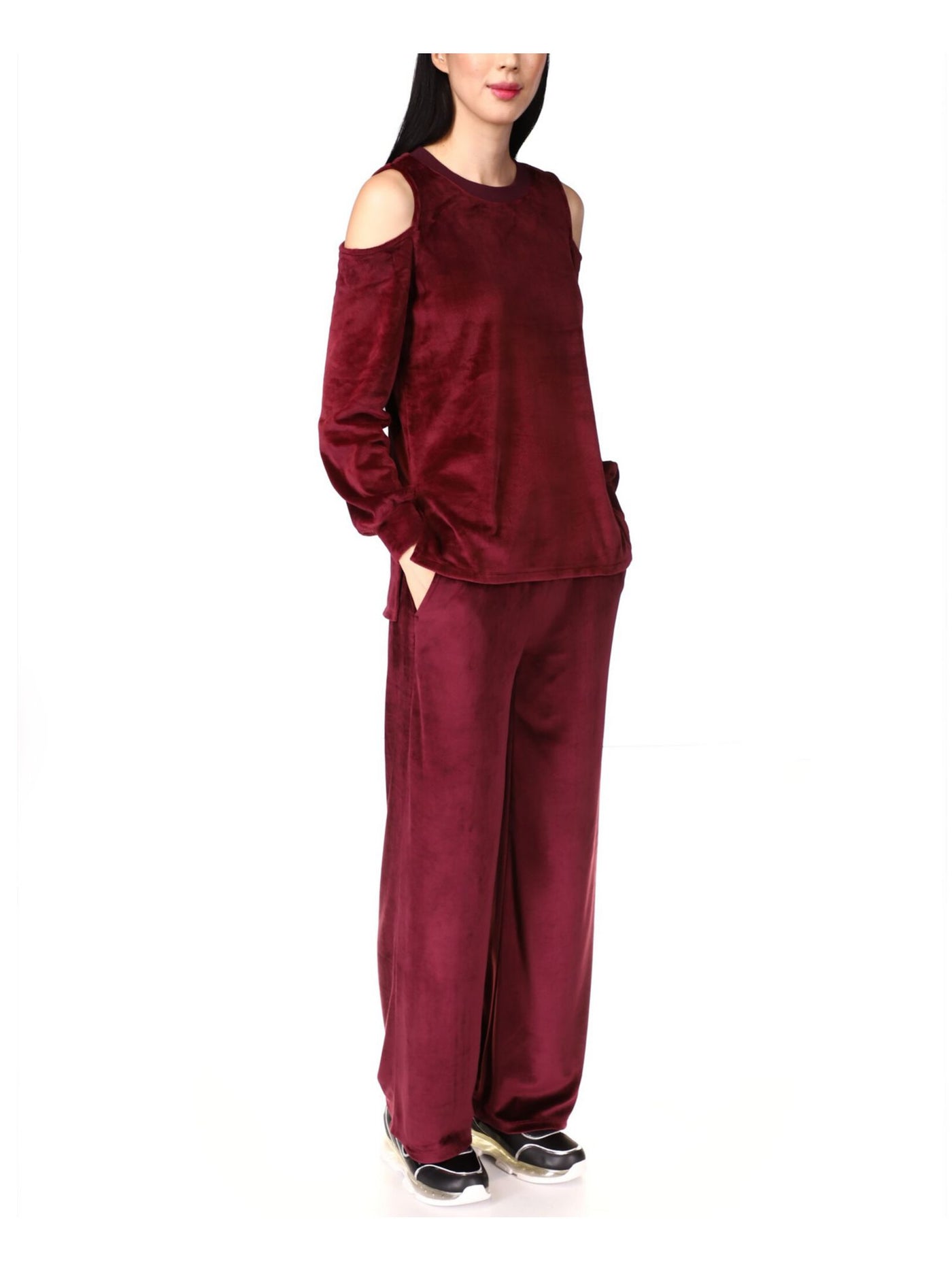 MICHAEL MICHAEL KORS Womens Burgundy Cold Shoulder Slitted Velour Long Sleeve Crew Neck Top M