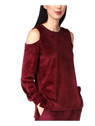 MICHAEL MICHAEL KORS Womens Maroon Cold Shoulder Slitted Velour Long Sleeve Crew Neck Top XXS