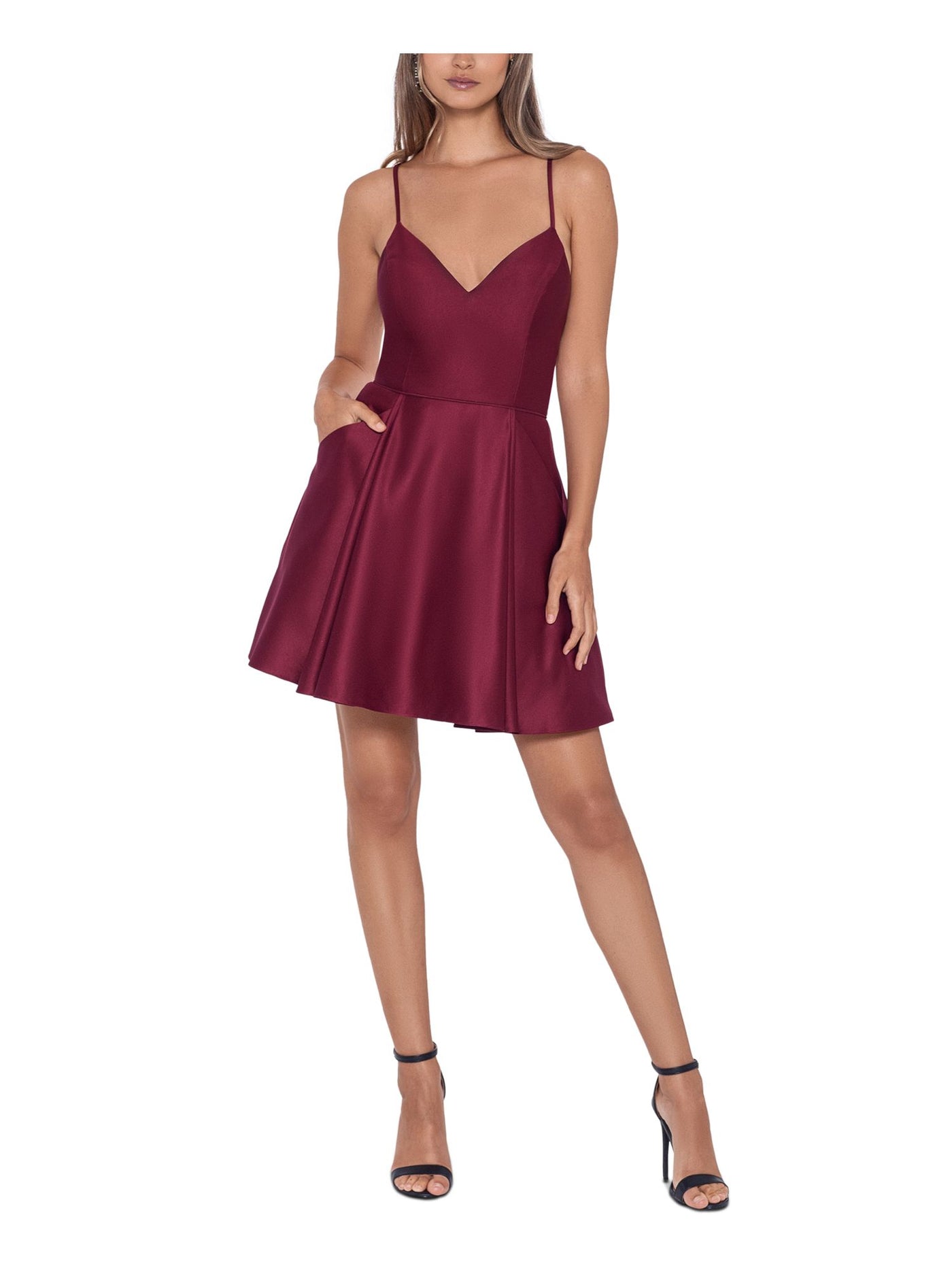 BLONDIE Womens Maroon Zippered Pocketed Lace Back Pleated Skirt Spaghetti Strap V Neck Above The Knee Party Fit + Flare Dress Juniors 11
