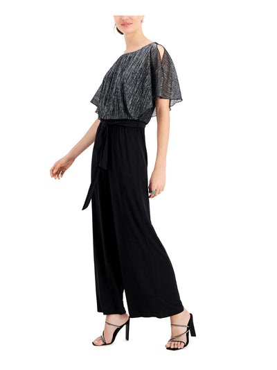 CONNECTED APPAREL Womens Black Belted Sheer Keyhole Back Closure Flutter Sleeve Round Neck Wear To Work Wide Leg Jumpsuit Petites 10P