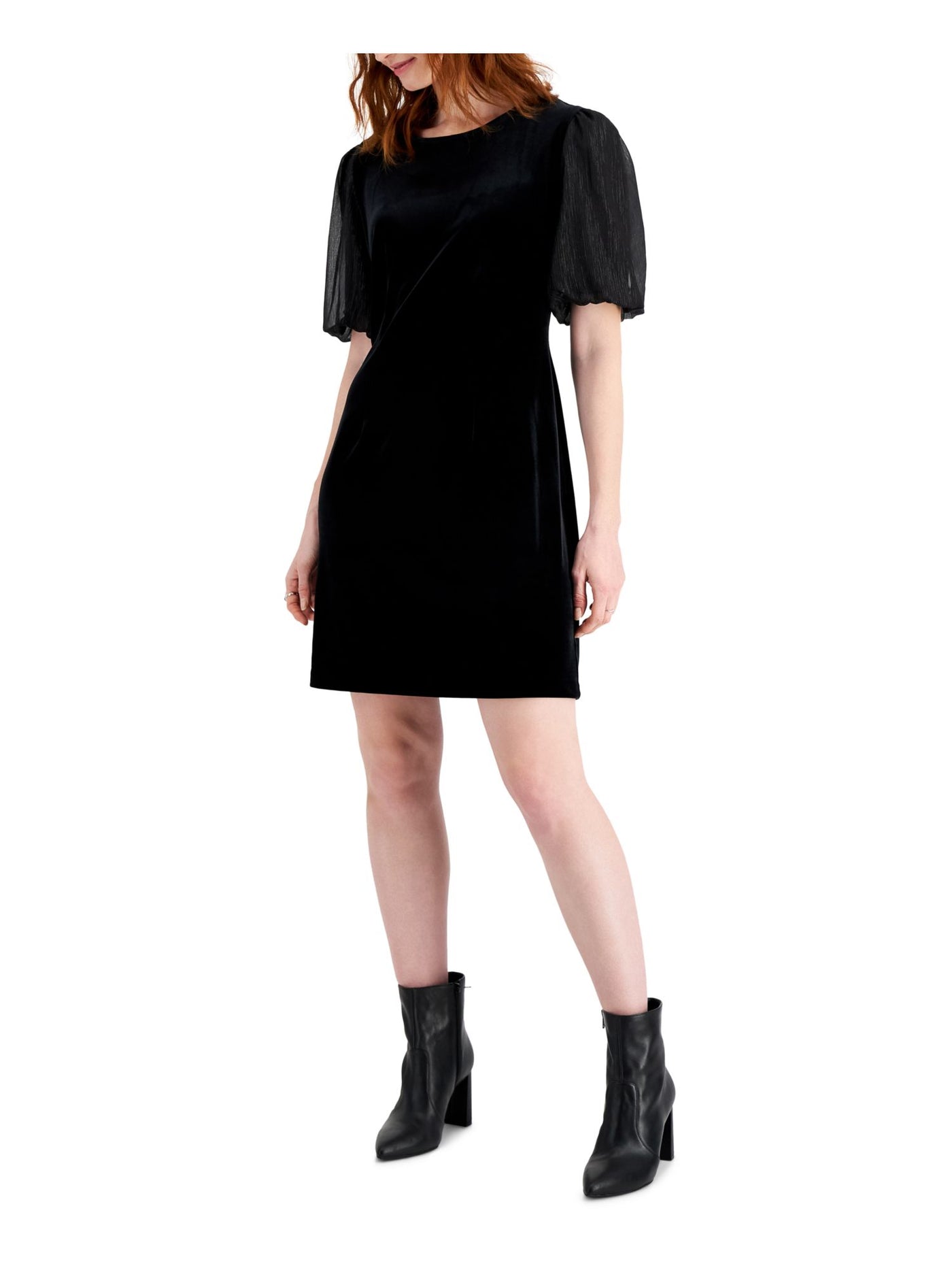 CONNECTED APPAREL Womens Black Textured Sheer Velvet Pull Over Pouf Sleeve Round Neck Above The Knee Party Sheath Dress Petites 14P