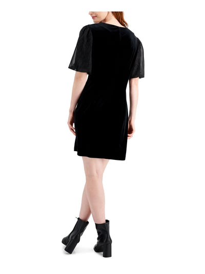 CONNECTED APPAREL Womens Textured Sheer Velvet Pull Over Pouf Sleeve Round Neck Above The Knee Party Sheath Dress