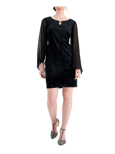 CONNECTED APPAREL Womens Black Embellished Velvet Tailored Fit Bell Sleeve Keyhole Short Party Sheath Dress Petites 14P
