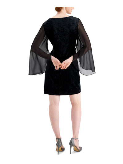 CONNECTED APPAREL Womens Black Embellished Velvet Tailored Fit Bell Sleeve Keyhole Short Party Sheath Dress Petites 14P