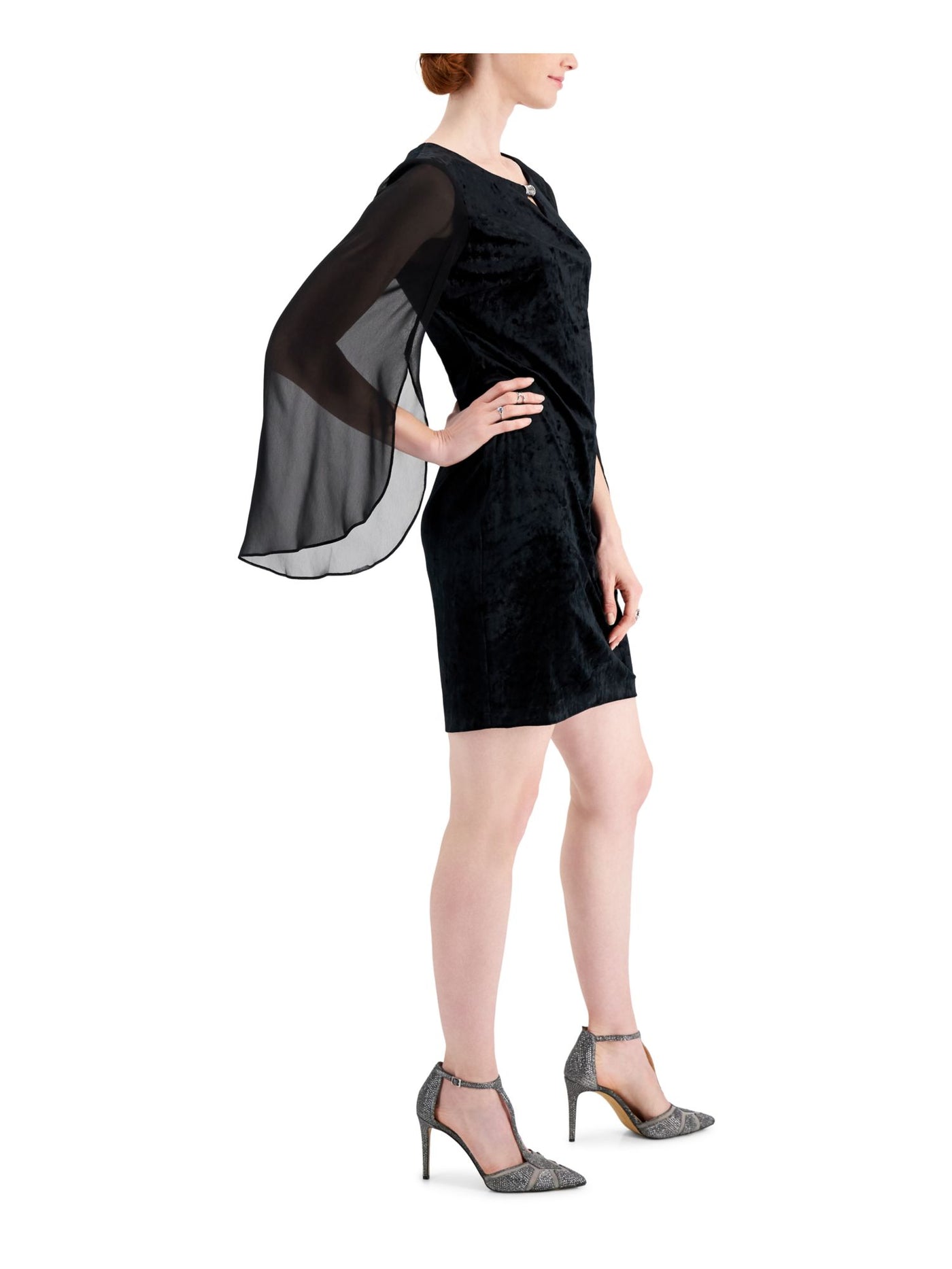 CONNECTED APPAREL Womens Black Embellished Velvet Tailored Fit Bell Sleeve Keyhole Short Party Sheath Dress Petites 4P